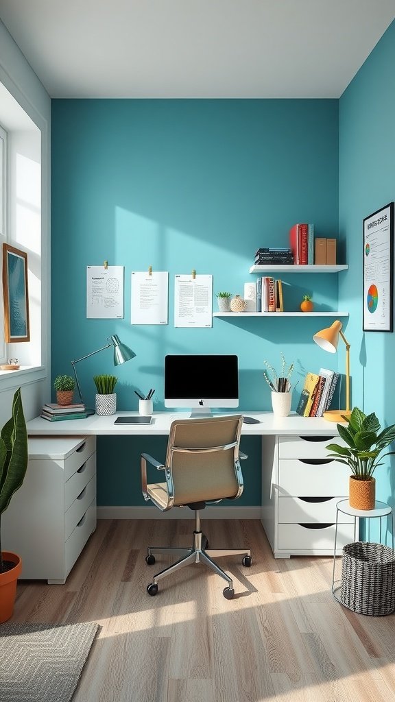 A bright teal small home office setup with a clean desk, chair, and plants.