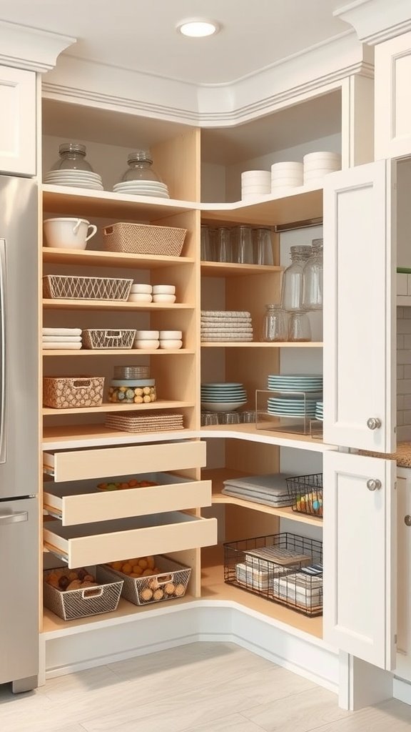 A well-organized corner cabinet with shelves and drawers.