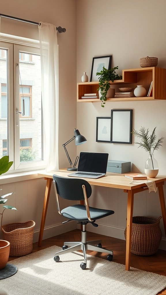 A small, stylish home office with a corner desk, laptop, and decor