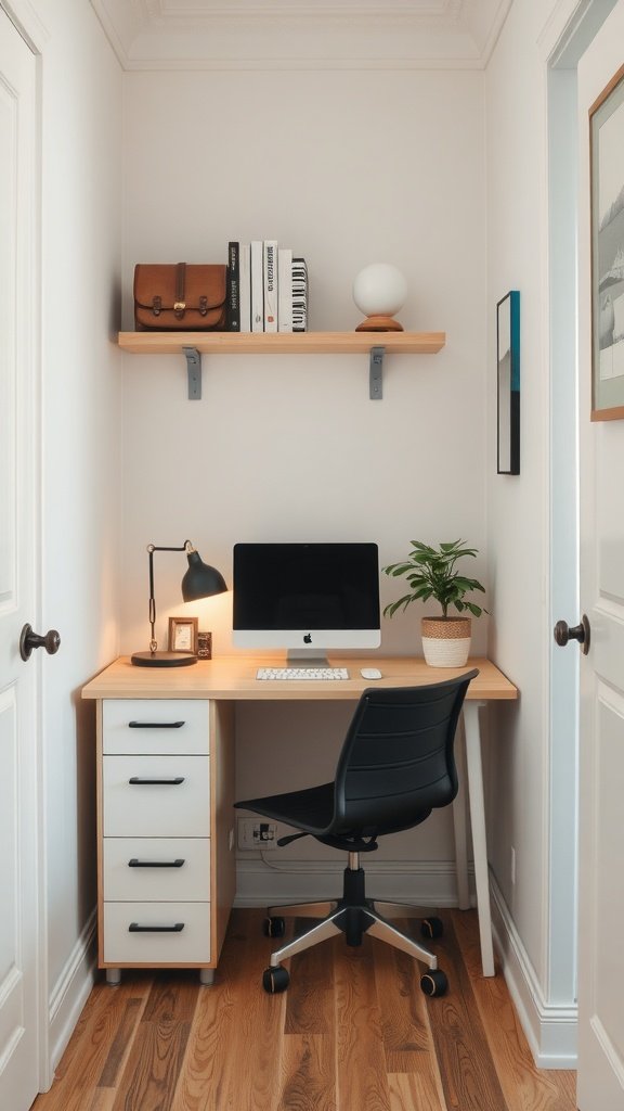 A corner desk setup in a small home office with a computer, lamp, and plants.