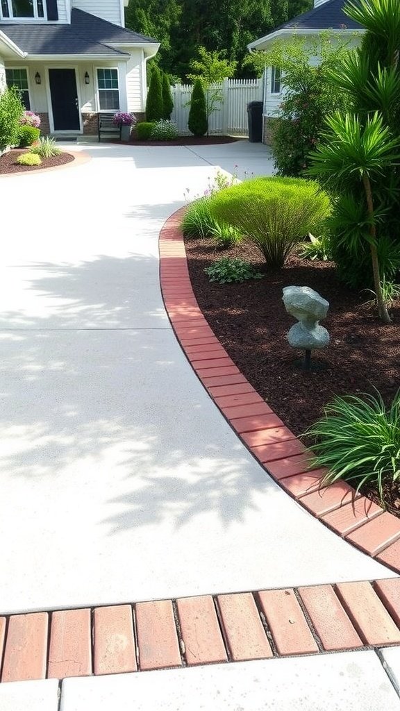Curvy driveway with brick edging and houses in the background