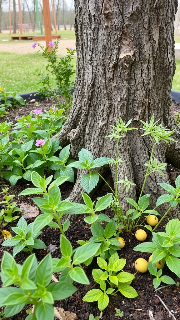 Edible plants and flowers growing around a tree's base in a park setting.