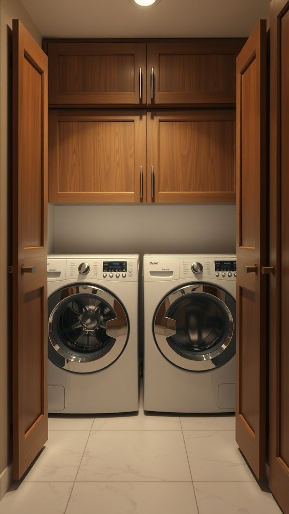 Small laundry room with a closet featuring a rose gold washer and dryer.