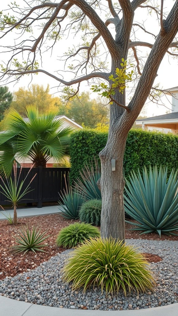 A landscaped area around a tree featuring low maintenance plants and gravel.