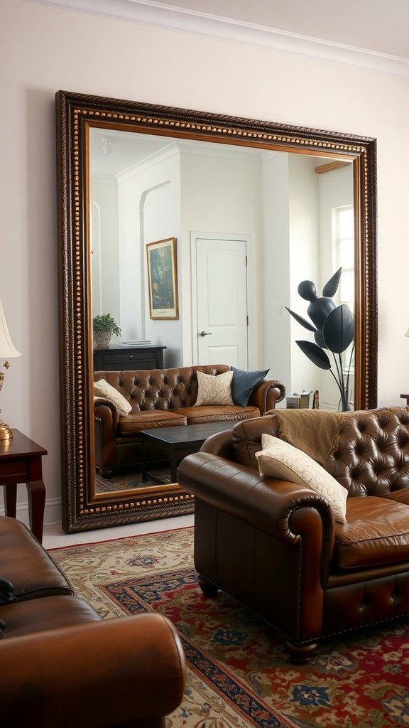 A stylish living room featuring a brown leather couch and a large mirror reflecting the space.
