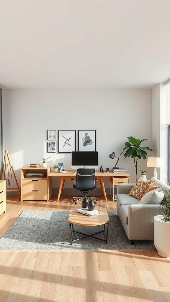 A bright living room featuring a stylish office area with a computer desk and comfortable seating.