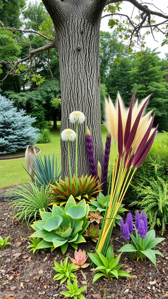 Colorful native plants surrounding a tree in a garden.