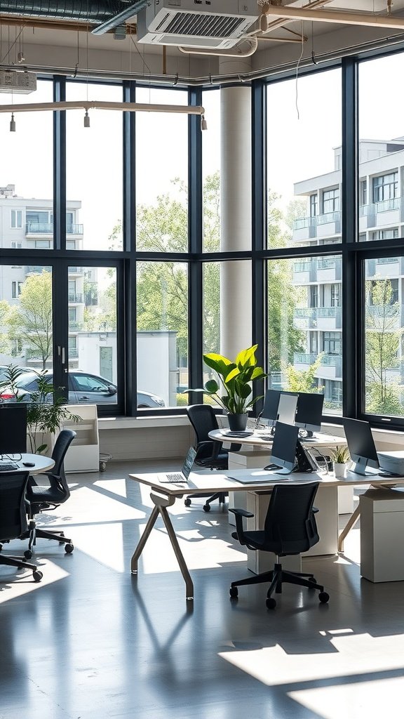 A bright, spacious office area with large windows letting in natural light, featuring modern desks and plants.