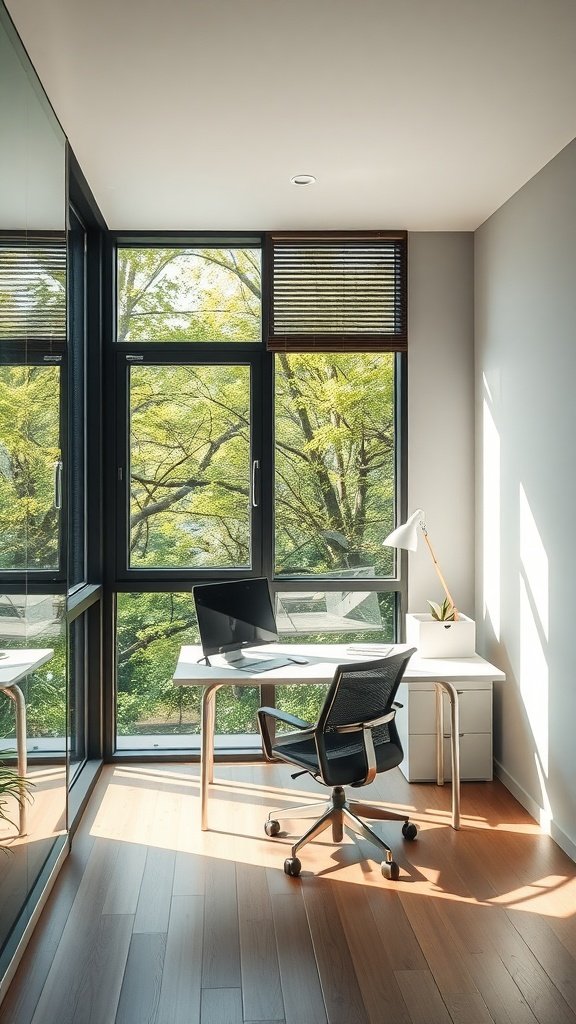 Bright and cozy small home office with large windows and natural light.