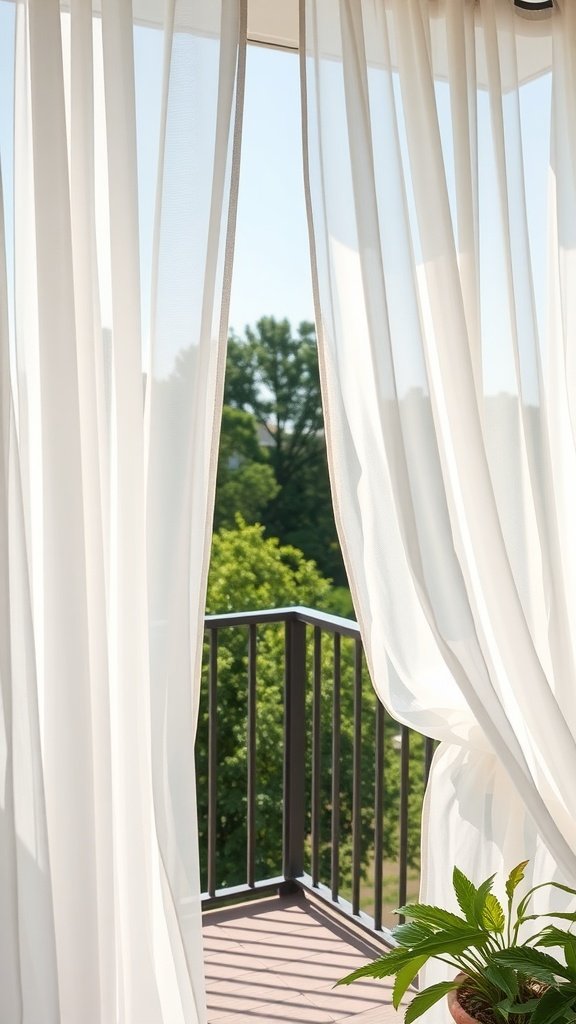 Sheer outdoor curtains on a balcony, providing privacy and style.