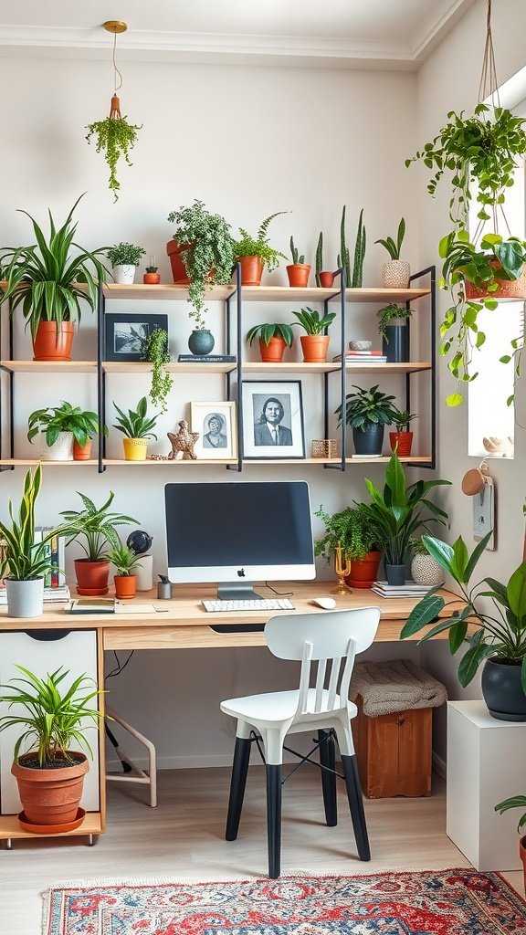 A cozy feminine home office filled with various plants, featuring a desk with a computer and bookshelves.