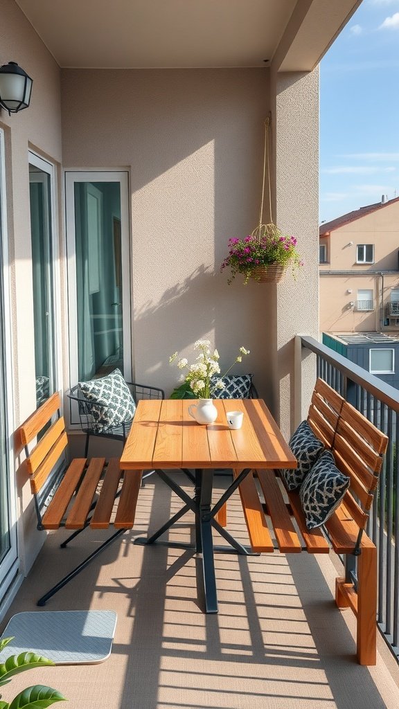 A stylish small balcony featuring wooden multi-functional furniture and plants.