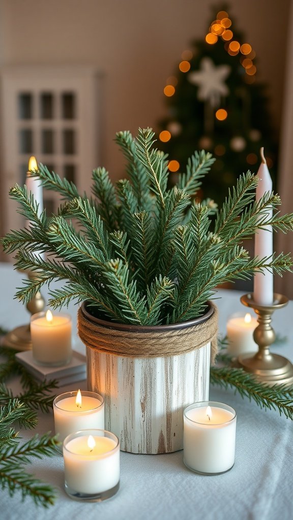 A cozy winter decor setup featuring a pot of spruce tips, candles, and a beautifully lit Christmas tree in the background.