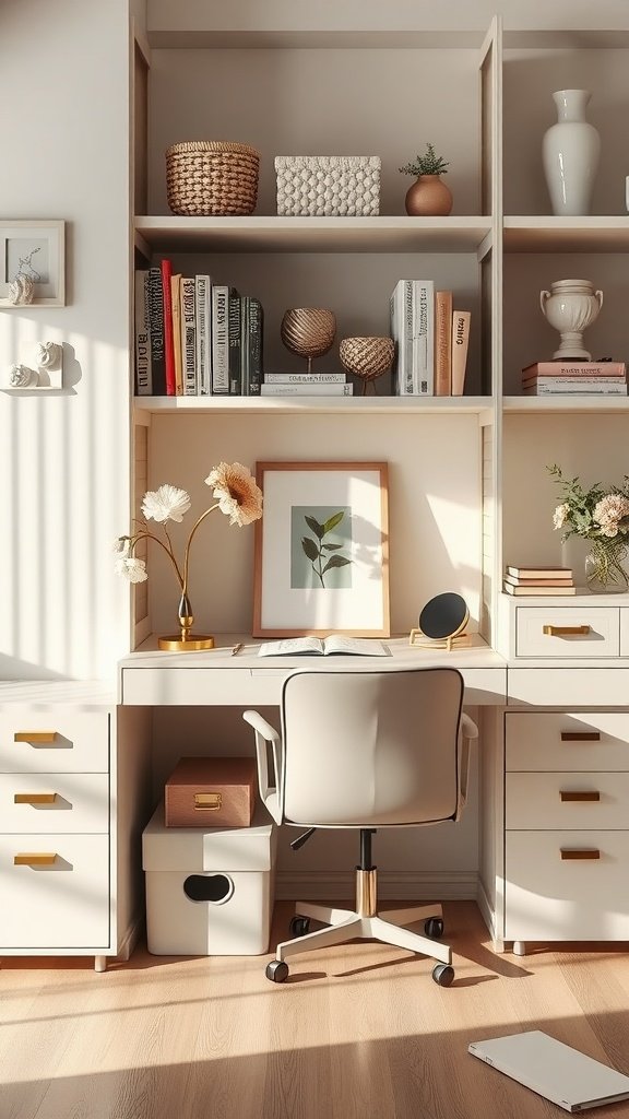 A stylish feminine home office with organized storage solutions including baskets and drawers.