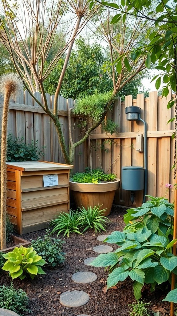 A sustainable garden with a rain barrel and native plants.