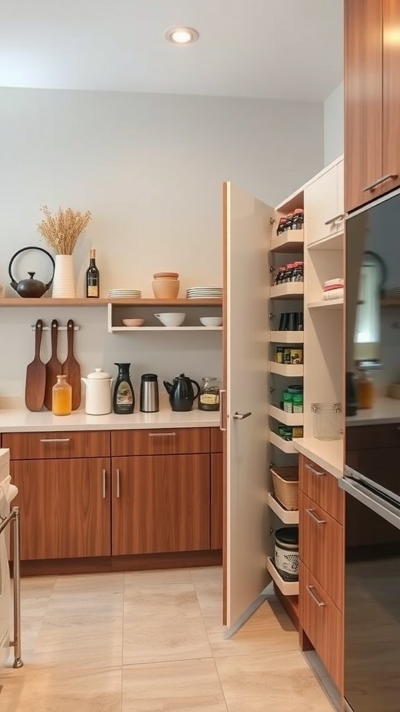A small modern kitchen featuring tall storage units for efficient organization.