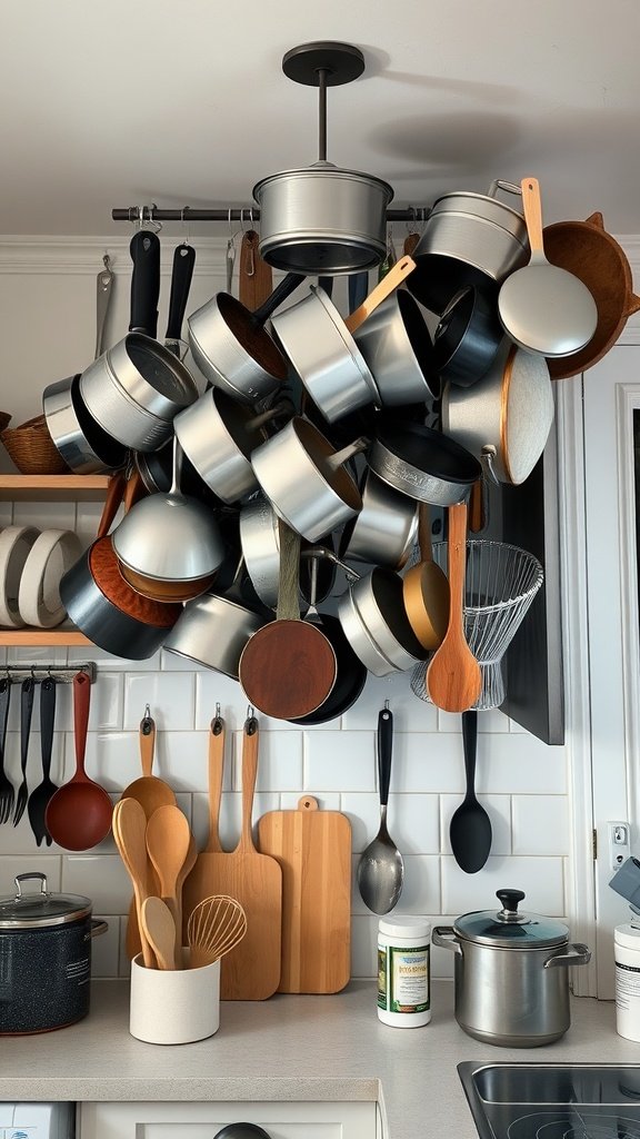 A kitchen with a ceiling pot rack filled with various pots and pans, showcasing a modern design.