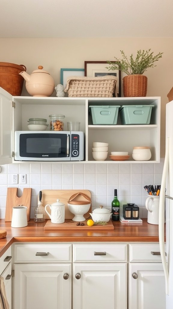 A small kitchen with decorative storage above the cabinets.