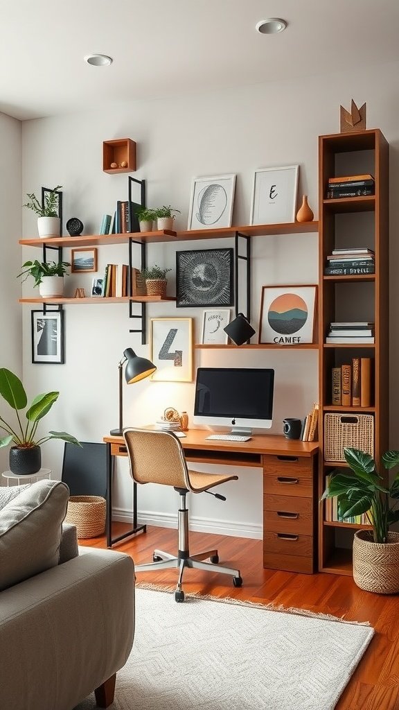 A cozy office area in a living room featuring a dresser computer desk, plants, and wall shelves.