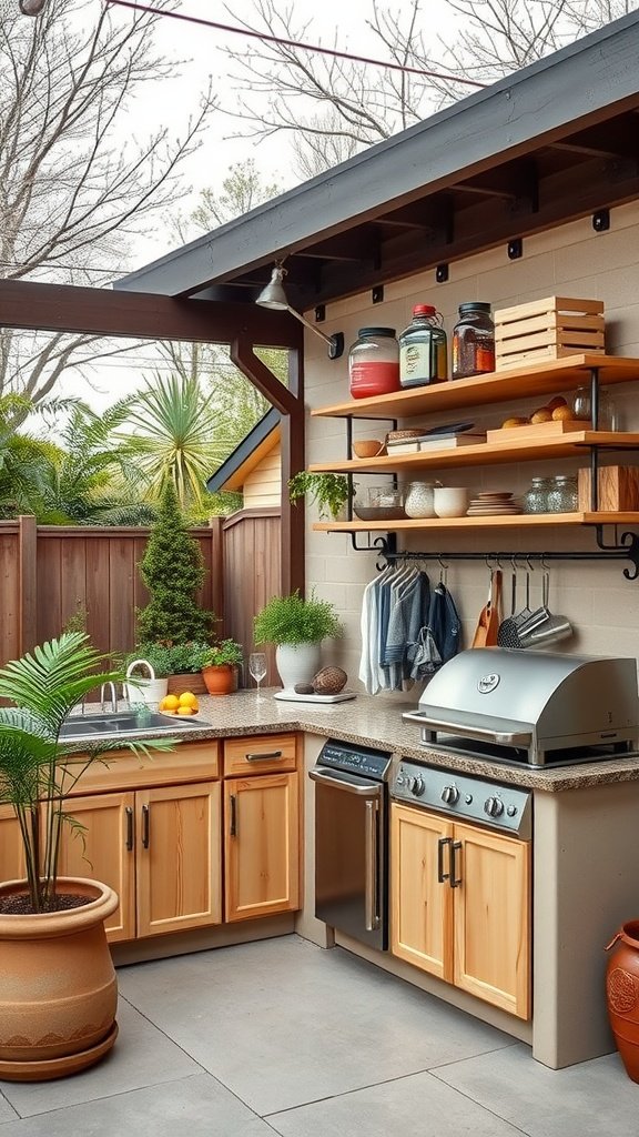 Outdoor kitchen with wooden shelves and organized items