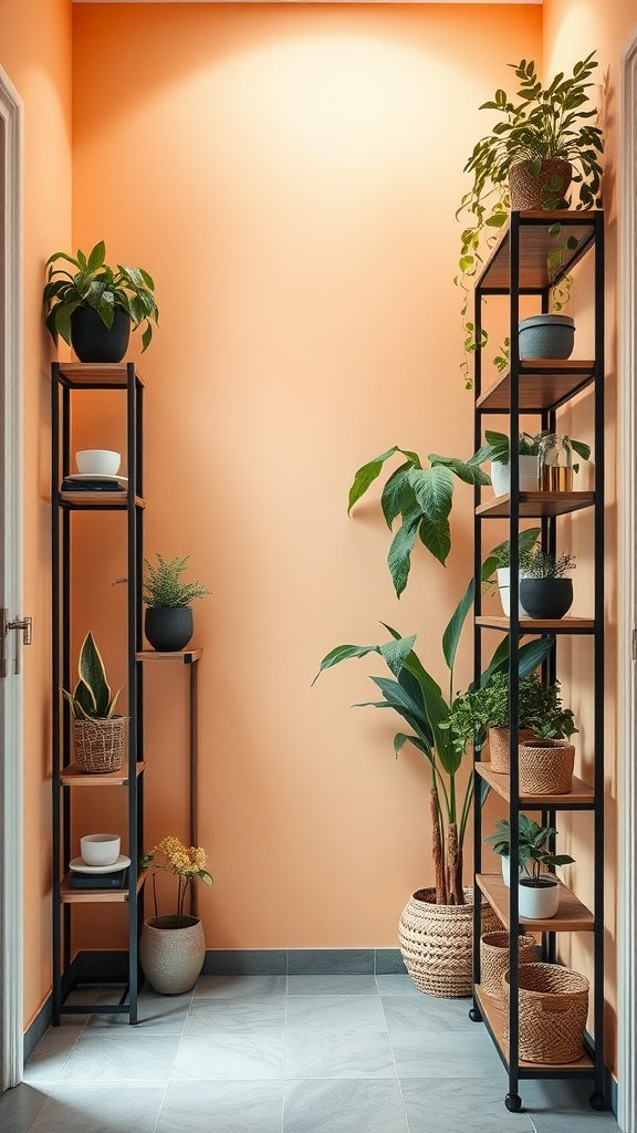 A stylish entryway featuring vertical shelving with plants and decorative items against an orange wall.