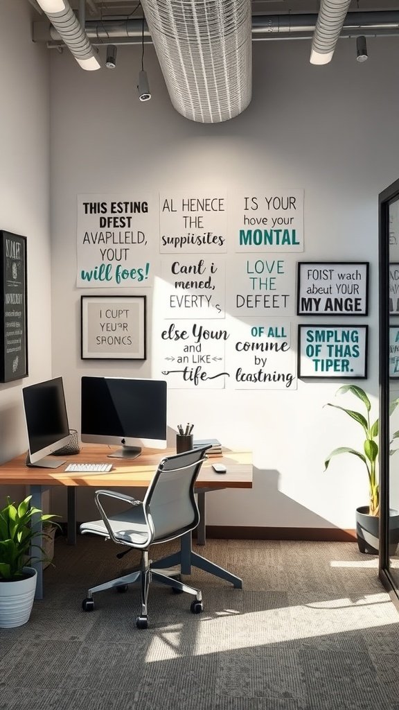 Cozy office with inspirational wall art and a modern desk setup.