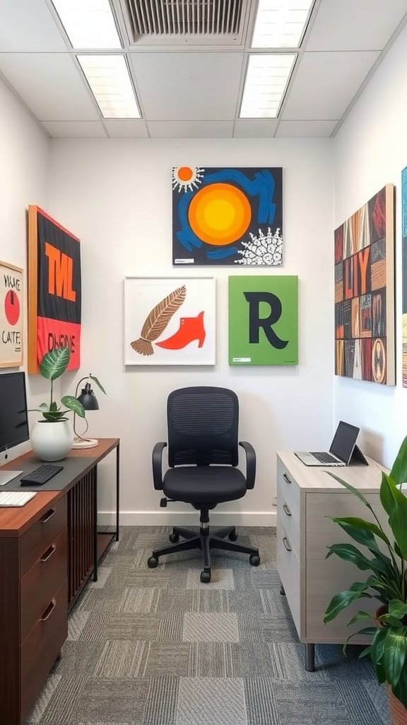 A cozy home office featuring colorful wall art and modern furniture.