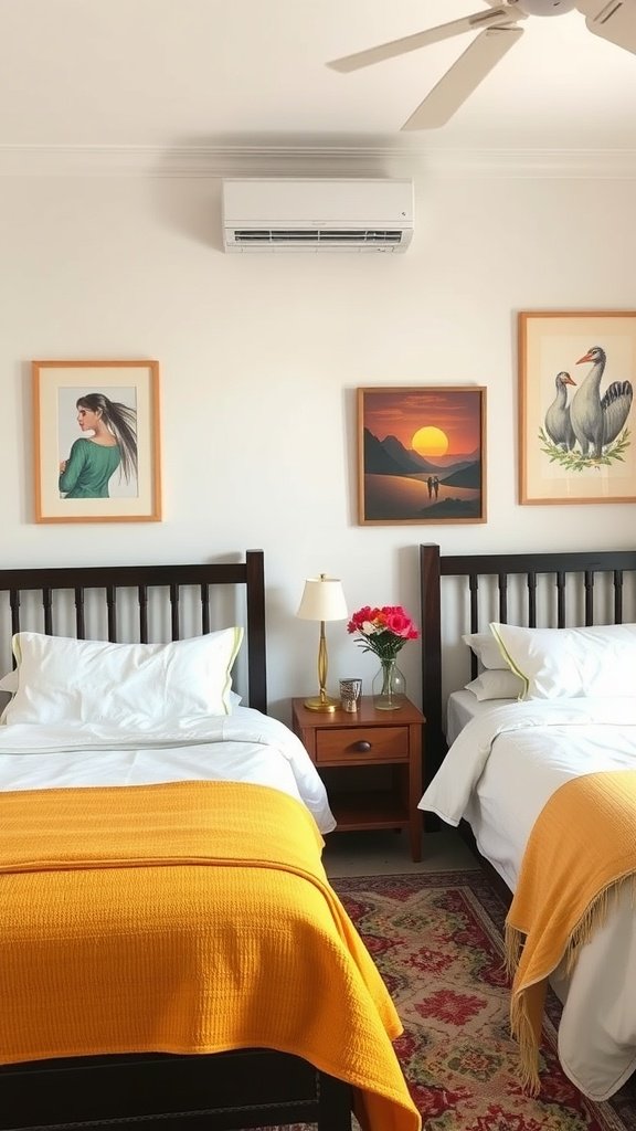 A cozy bedroom with two beds, decorated with wall art and a warm color scheme.