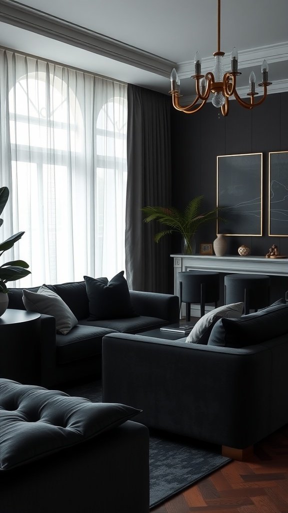 A cozy black living room featuring velvet furnishings, showcasing elegance and comfort.