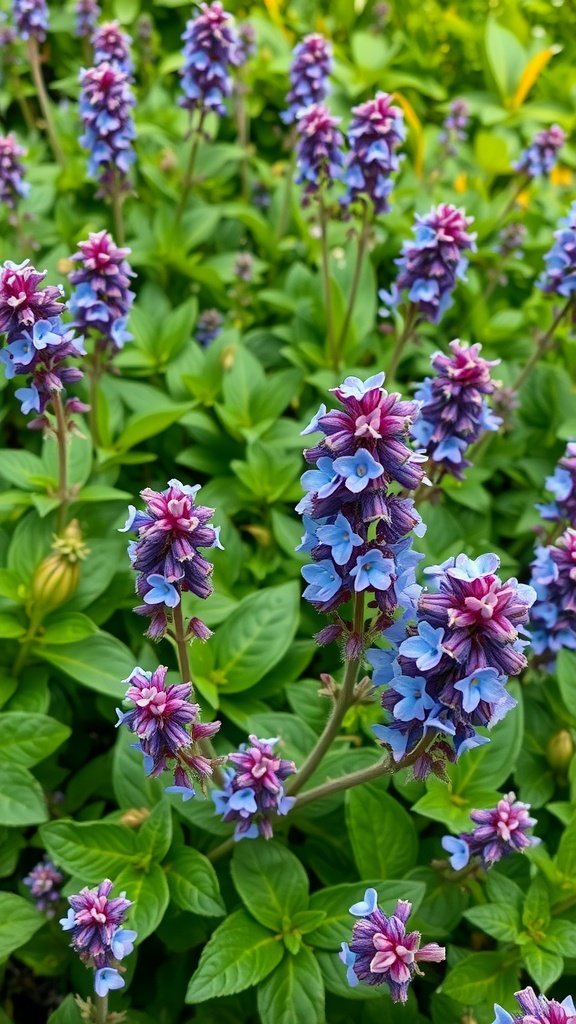 A close-up of vibrant purple and blue Veronica flowers surrounded by lush green leaves.