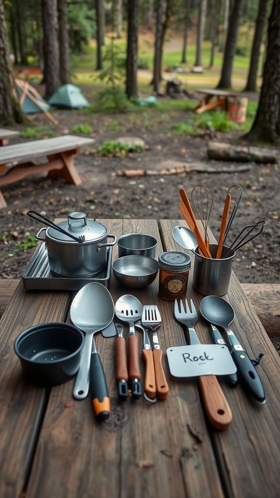 Camping kitchen setup with various cooking utensils and cookware