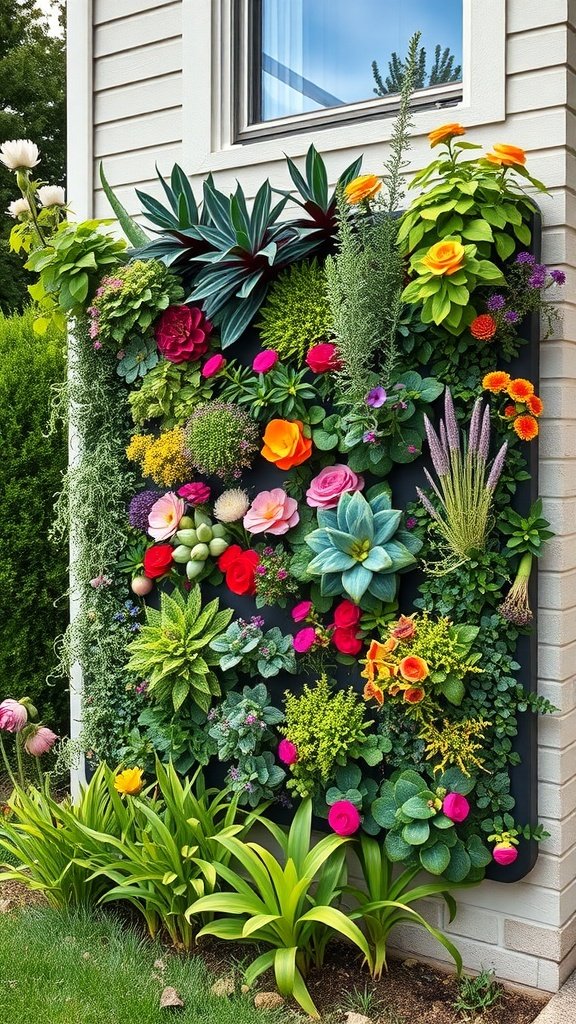 A colorful vertical garden wall filled with various plants and flowers.
