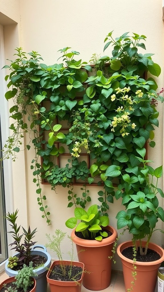 A vertical garden with various plants on a balcony