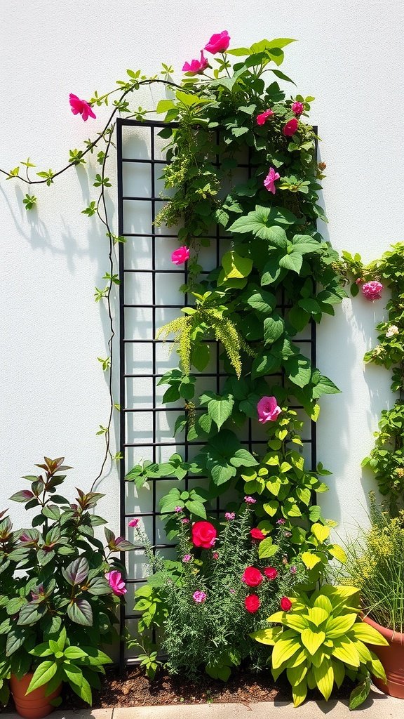 A vertical garden with colorful flowers and greenery climbing a black trellis.