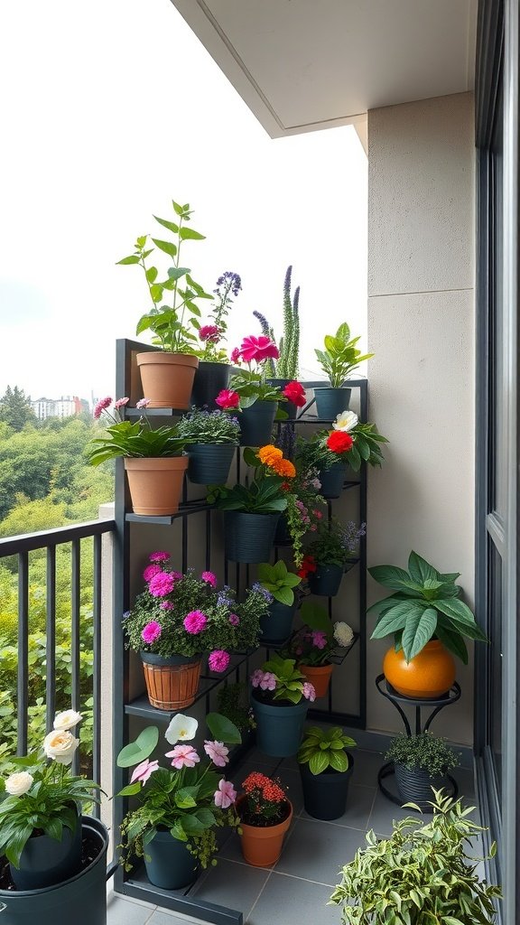 Vertical garden with colorful flowers and plants in small outdoor space.