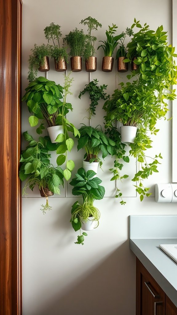 A vertical herb garden displaying various green plants in pots on a wall.