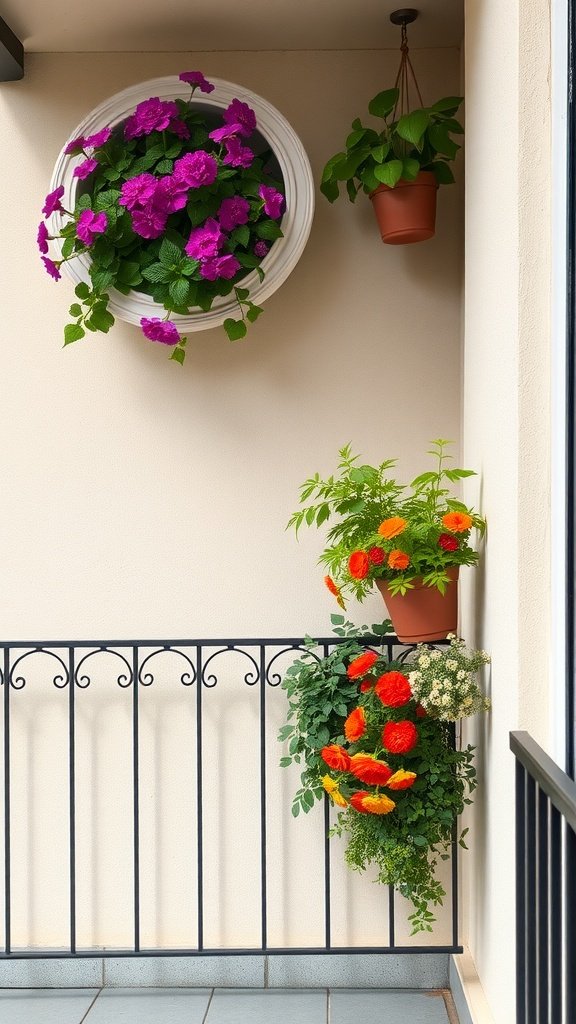 Colorful vertical planters with flowers on a small balcony.