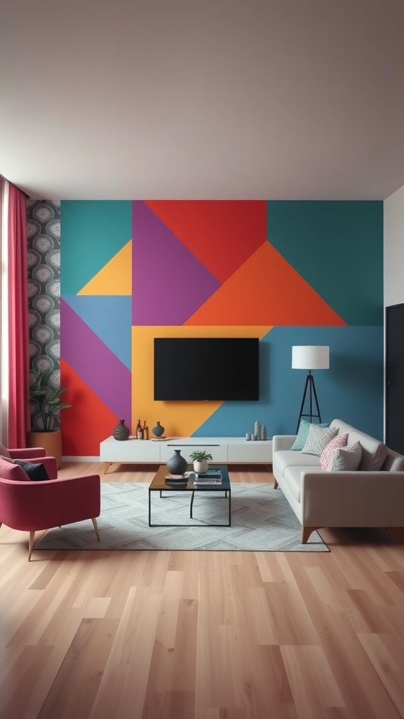 A colorful living room with geometric accent wall, neutral furniture, and cozy decor.