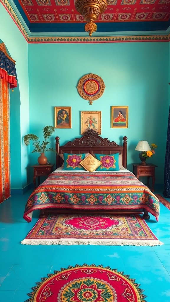 A beautifully decorated Indian bedroom featuring vibrant turquoise walls, intricate red ceiling patterns, and colorful textiles.