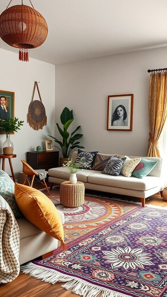 Colorful boho living room with vibrant textiles and cozy decor
