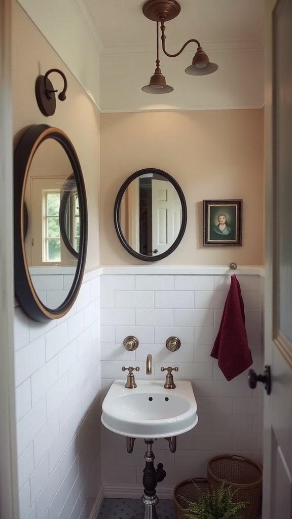 A stylish half bath featuring vintage-style lighting, mirrors, and decor.