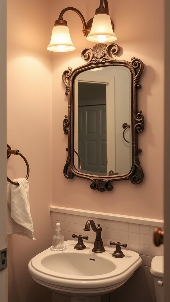 A cozy half bathroom featuring a vintage-style mirror and soft lighting.