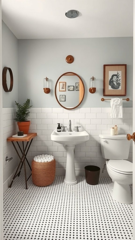 A small half bathroom with modern and vintage decor elements like a round mirror, stylish light fixtures, and a wooden shelf.