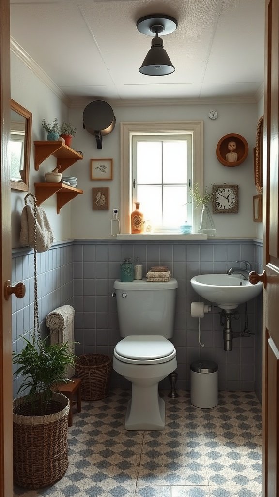 A cozy, vintage-inspired half bath with charming decor and a sink.
