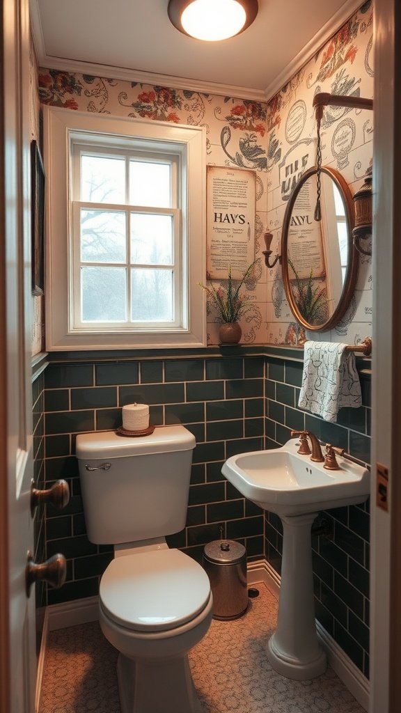 Cozy half bathroom with vintage wallpaper and modern fixtures