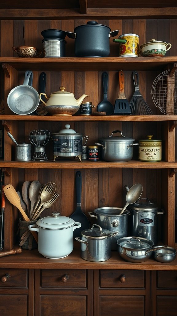 A rustic kitchen shelf filled with various vintage cookware and utensils.
