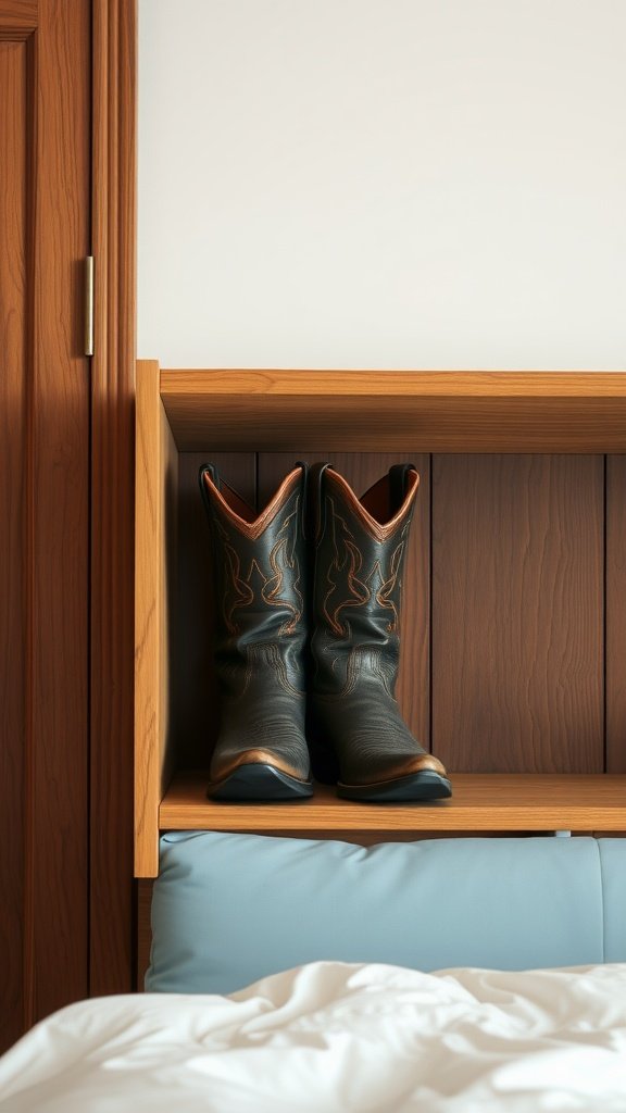 A pair of vintage cowboy boots displayed on a wooden shelf in a cozy bedroom setting.
