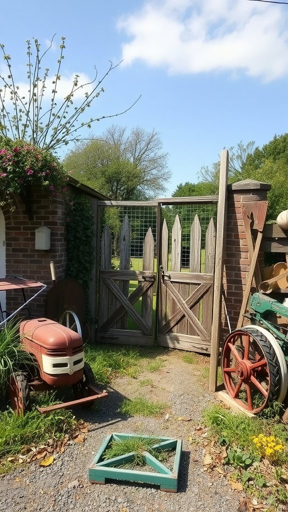 A rustic farmhouse gate entrance decorated with vintage farm equipment including a tractor and old wheels.
