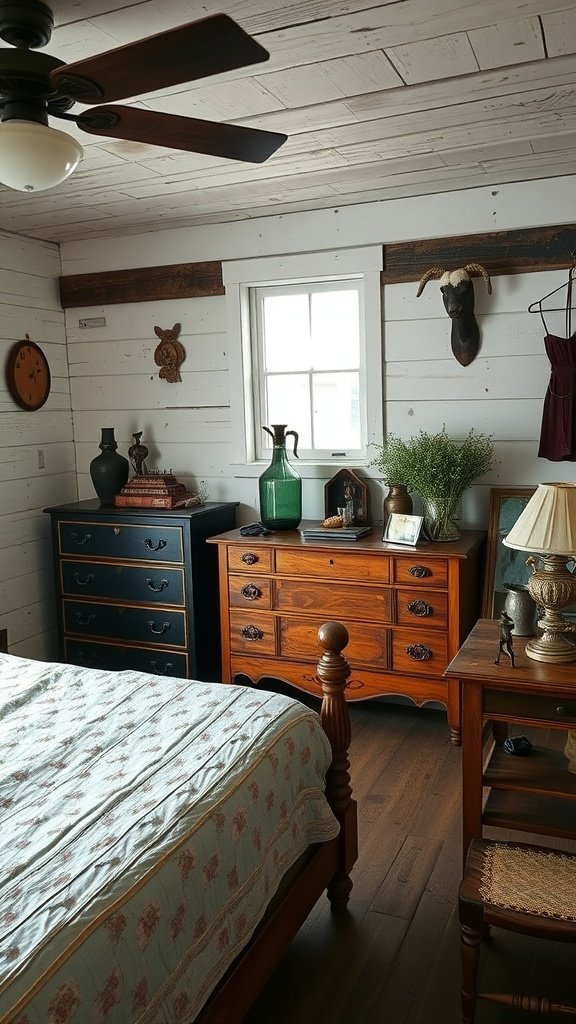 A cozy rustic bedroom featuring vintage furniture accents, including a wooden bed and dresser, with decor elements that enhance the rustic feel.