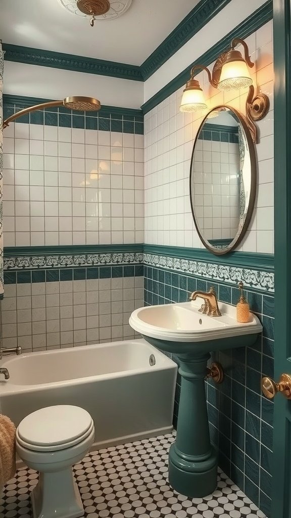 A vintage-inspired bathroom with emerald green walls, dark green accents, and gold fixtures.